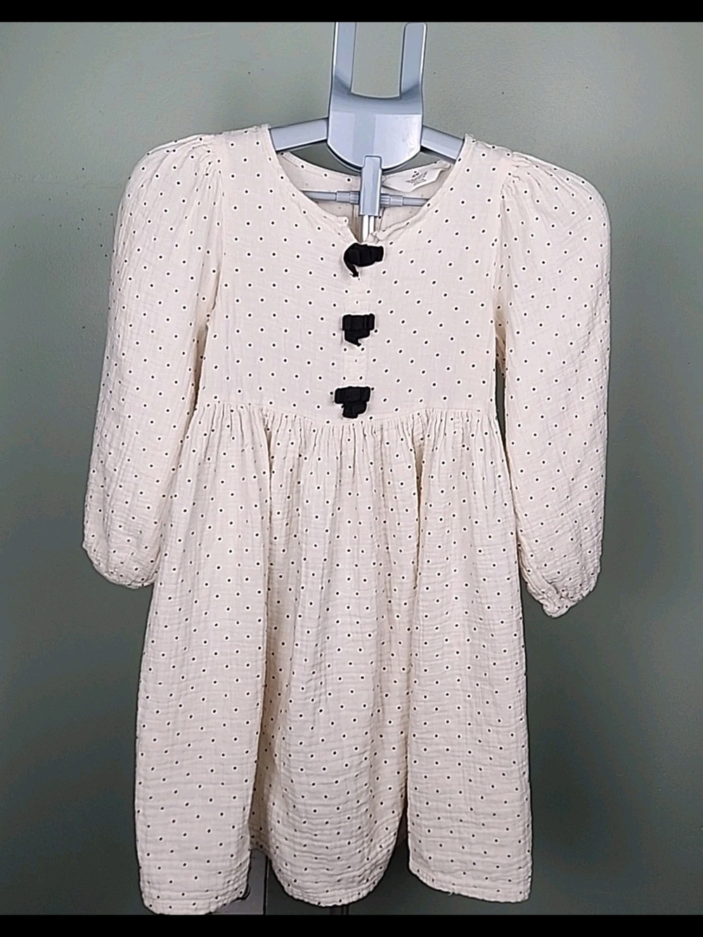 H&M Cream Polka Dot Dress with Black Bow Accents